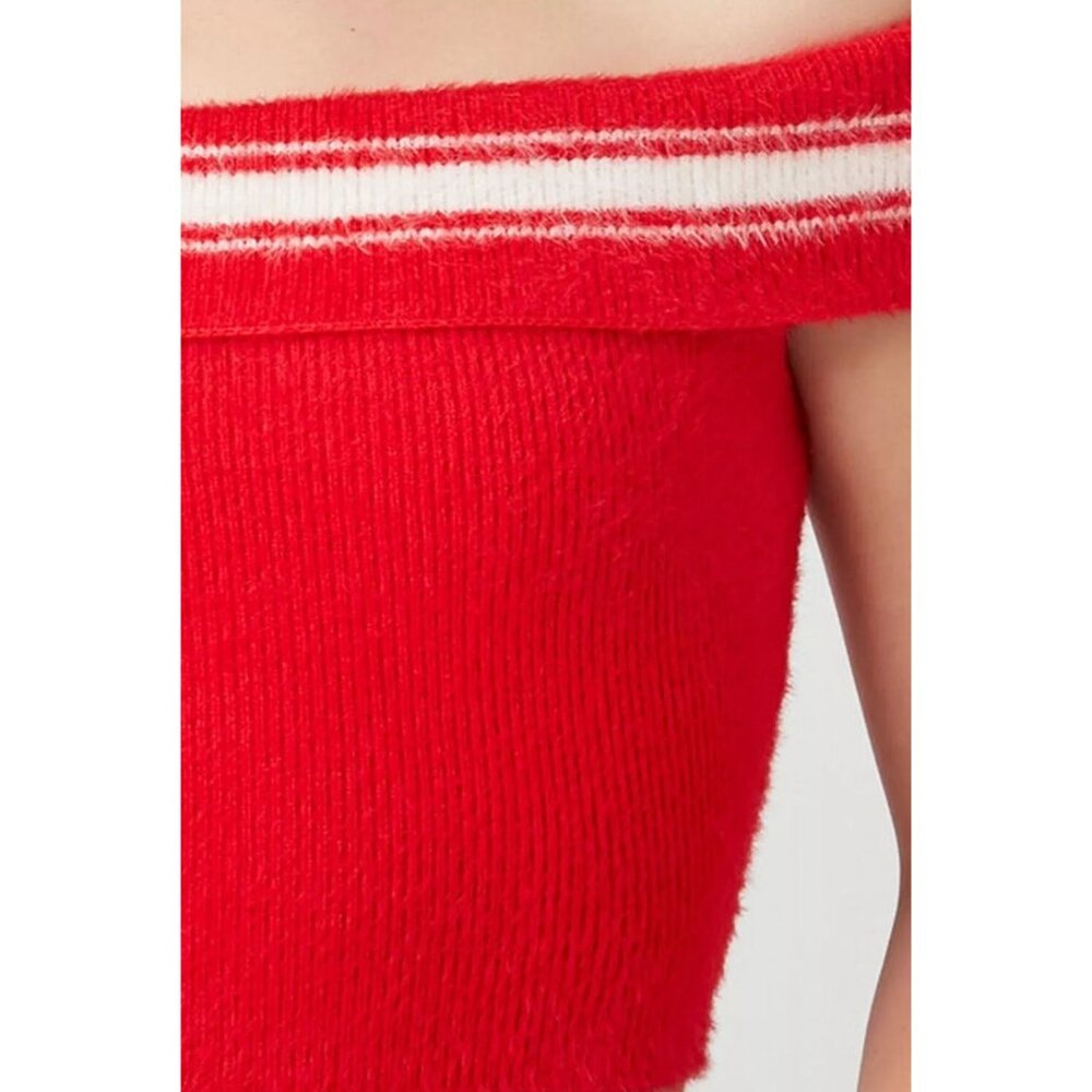 Forever 21 Women's 0X (Med) Off Shoulder Sweater-Knit Crop Top Red White Stripe - Picture 4 of 8